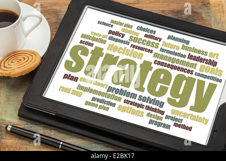 strategy, plan and goals word cloud on a digital tablet with cup of coffee Stock Photo