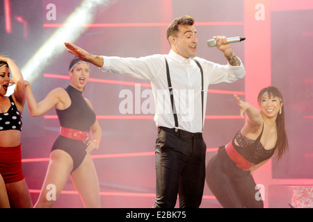 Hedley's lead singer Jacob Hoggard performs at the 2014 MuchMusic Video Awards (MMVA). Stock Photo