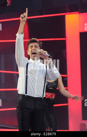 Hedley's lead singer Jacob Hoggard performs at the 2014 MuchMusic Video Awards (MMVA). Stock Photo