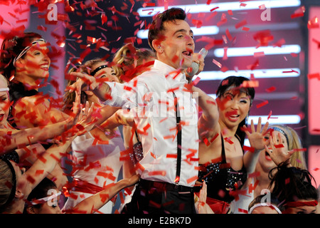 Hedley's lead singer Jacob Hoggard performs at the 2014 MuchMusic Video Awards (MMVA). Stock Photo