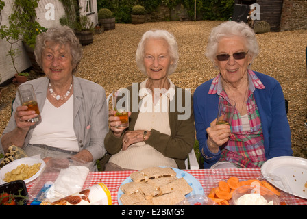 Three elderly ladies enjoying a glass of Pimms at a summer garden party, Standford, Hampshire, UK. Stock Photo
