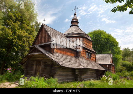 Wooden church at the Pyrohiv (Pirogovo) outdoor Museum of Folk Architecture and Life of Ukraine near Kiev, Ukraine Stock Photo