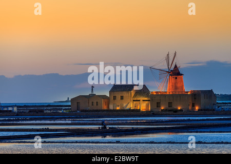 Old windmills in Marsala salts Stock Photo