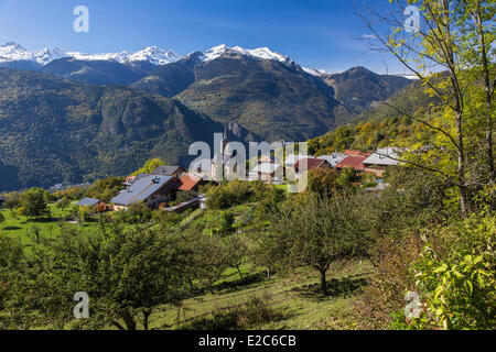 France, Savoie, Aigueblanche, Baroque Church of St Martin on the 17th century in the hamlet of Villargerel, the Tarentaise valley with a view of the chain of La Lauziere Stock Photo
