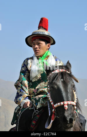 China, Gansu Province, Amdo, Xiahe, Monastery of Labrang, Losar, Tibetan Horse Guard Stock Photo