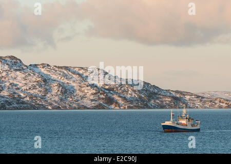 Norway, Finnmark, Kirkenes, fisher's boat arriving in the harbour Stock Photo