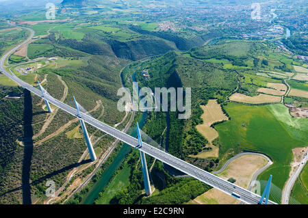 France, Aveyron, Parc Naturel Regional des Grands Causses (Natural Regional Park of Grands Causses), Millau viaduct by architects Michel Virlogeux and Norman Foster (aerial view) Stock Photo