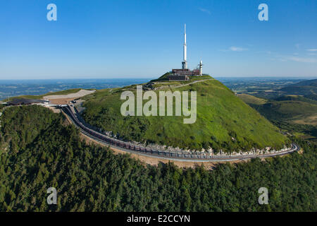 France, Puy de Dome, Parc Naturel Regional des Volcans d'Auvergne (Natural regional park of Volcan d'Auvergne), Chaine des Puys, Orcines, the Puy de Dome, rails of the cog railway (aerial view) Stock Photo