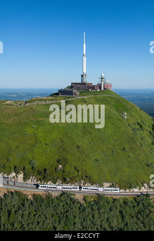 France, Puy de Dome, Parc Naturel Regional des Volcans d'Auvergne (Natural regional park of Volcan d'Auvergne), Chaine des Puys, Orcines, the Puy de Dome, the cog railway Panoramique des Domes (aerial view) Stock Photo