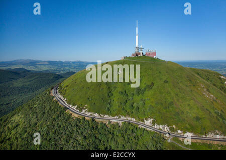 France, Puy de Dome, Parc Naturel Regional des Volcans d'Auvergne (Natural regional park of Volcan d'Auvergne), Chaine des Puys, Orcines, the Puy de Dome, rails of the cog railway (aerial view) Stock Photo