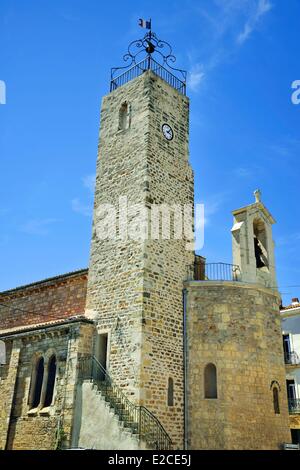 France, Herault, Lieurant les Beziers, omanic church Saint Martin of the 11th century, detail of the bell tower of a stone square tower surmounted by a guard body in ironworks Stock Photo