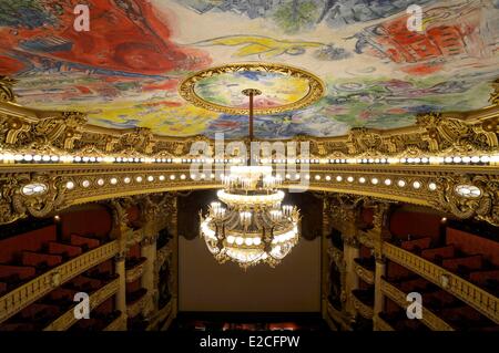 France, Paris, Garnier Opera, the ceiling cupola decorated by Marc Chagall in the auditorium and the 7 to 8 ton bronze and crystal chandelier designed by Garnier Stock Photo