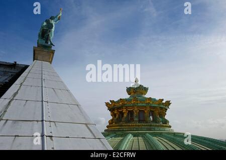 France, Paris, Garnier Opera, Apollo, Poetry and Music roof sculpture by Aime Millet (around 1860-1869) and the top of the main Stock Photo