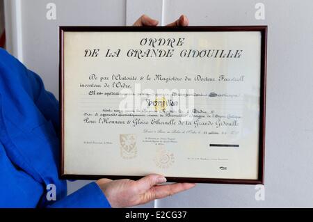 France, Paris, Cite Veron at 94 Boulevard de Clichy, Boris Vian's flat, degree of Pataphysics and of the Order of the Great Gidouille given in 1956 to Vian Stock Photo