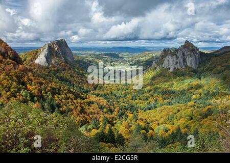 France, Puy de Dome, Auvergne Volcanoes Natural Regional Park, Mont Dore, Col de Guery, Roche Tuiliere and Roche Sanadoire Stock Photo