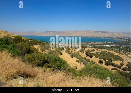 Israel, Northern District, Galilee, Tiberias, Sea of Galilee (Lake Tiberias) edges and in the background the hills of Golan Stock Photo