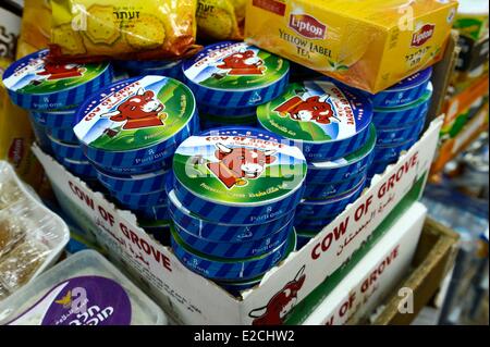 Israel, Jerusalem, holy city, the old town listed as World Heritage by UNESCO, copy of The Laughing Cow (La Vache Qui Rit) cheese on sale in the Khan El Zeit in the Muslim District Stock Photo