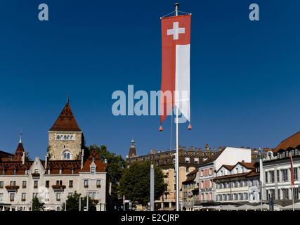 Switzerland, Canton of Vaud, Lausanne, Ouchy district on Lake Geneva, Château d'Ouchy palace hotel and dock Belgium Stock Photo