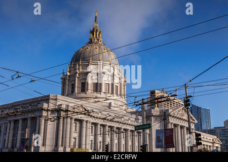 San Francisco City Hall, and overhead power lines for trolley bus. Stock Photo