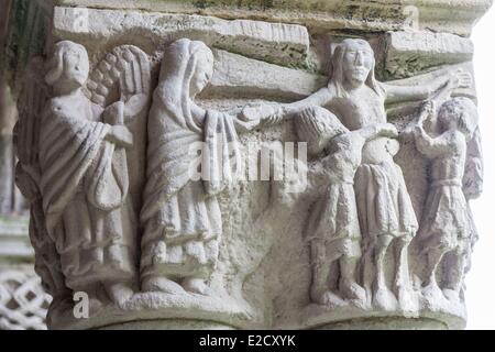 Spain Cantabria Santillana del Mar 12th century Romanesque cloister of the collegiate church detail of a capital representing Stock Photo