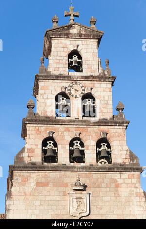 Spain province of Asturias Cangas de Onis Picos de Europa national Park the bell tower of the church Stock Photo