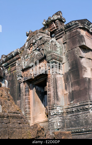 A stone wall section on the lower level is on display at the ruins of ancient Wat Phu, built by the Khmers, in Champasak, Laos. Stock Photo