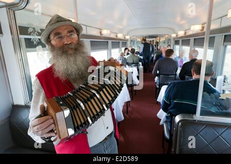 Canada Manitoba the Via Rail train The Canadian between Toronto and Vancouver diner wagon animated by a passenger playing the Stock Photo