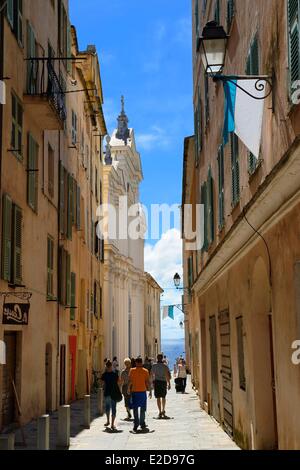 France, Haute Corse, Bastia, the Citadel district of Terra Nova, rue Notre-Dame and the former St. Mary's Cathedral in the background Stock Photo