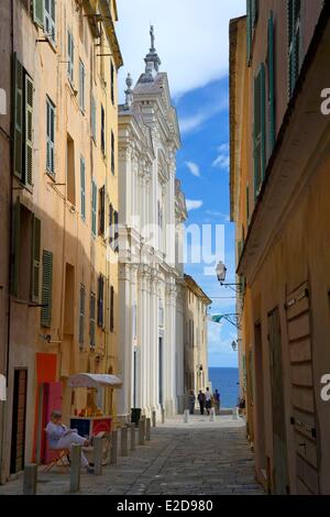 France, Haute Corse, Bastia, the Citadel district of Terra Nova, rue Notre-Dame and the former St. Mary's Cathedral in the background Stock Photo