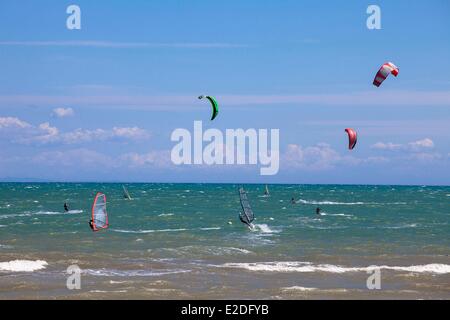 Spain Catalonia Natural Park of the Ebro Delta Platja del Fangar kitesurf Stock Photo