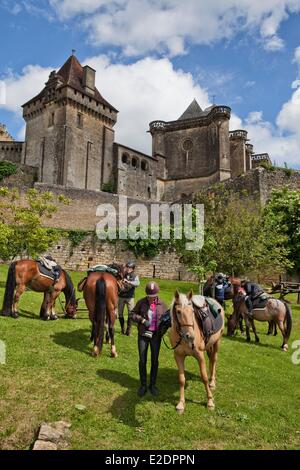 France Dordogne Biron castle horseback riding Stock Photo