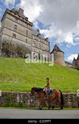 France Dordogne Biron castle horseback riding Stock Photo