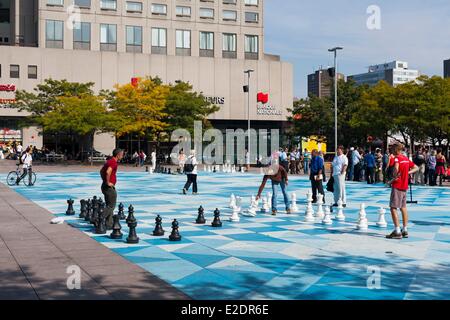 Canada Quebec province Montreal downtown Emilie Gamelin or Berri Square giant chessboard players Stock Photo