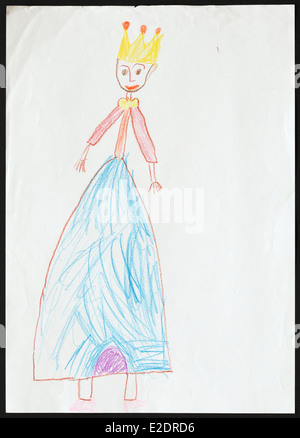 Original child's drawing of a princess drawn by a five-year-old girl. Stock Photo