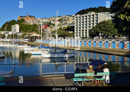 New Zealand North island Wellington Lambton Harbour Oriental Bay Clyde Quay Marina boat harbour and boat sheds and St Gerard's Stock Photo