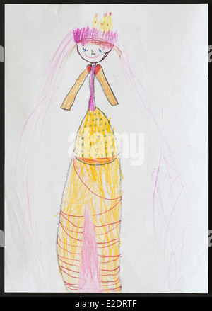 Original child's drawing of a princess drawn by a five-year-old girl. Stock Photo