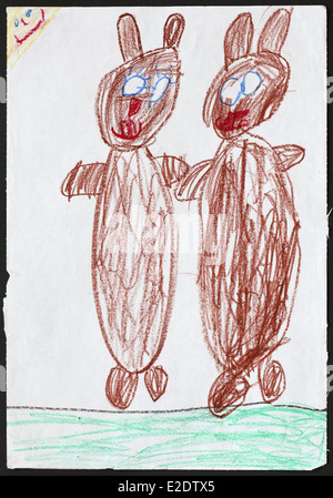 Original child's drawing of two brown bears drawn by a five-year-old girl. Stock Photo