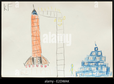 Original child's drawing of a space launch facility drawn by a five-year-old girl. Stock Photo