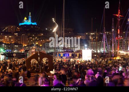 France Bouches du Rhone Marseille European capital of culture 2013 opening ceremony Jan. 12 Hall M and Notre Dame de la Garde Stock Photo