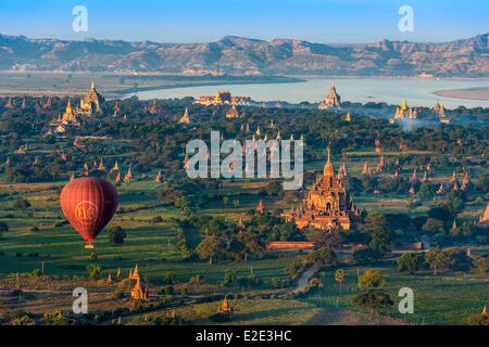 Myanmar (Burma) Mandalay division Bagan overview of the old historic capital in ballons with Balloons over Bagan view from the Stock Photo