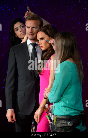 The new wax figures of David Beckham and Victoria Beckham are unveiled at Madame Tussauds, London. Stock Photo
