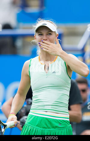 Eastbourne, UK. 19th June, 2014. Caroline Wozniacki of Denmark celebrates her win against Camila Giorgi of Italy in their Quarter-Final singles match on Day Four of the Aegon International at Devonshire Park, Eastbourne. Credit:  MeonStock/Alamy Live News Stock Photo