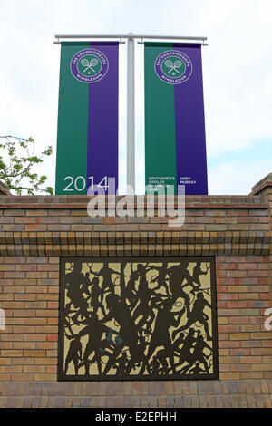 Wimbledon, SW19, London, England UK. 19th June 2014. Banners are in place giving instructions for visitors attending the Championships at Wimbledon. The tournaments begins on Monday 23rd June with Andy Murray first on Centre Court attempting to defend his title. Credit:  Julia Gavin/Alamy Live News Stock Photo