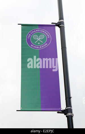 Wimbledon, SW19, London, England UK. 19th June 2014. Banners are in place giving instructions for visitors attending the Championships at Wimbledon. The tournaments begins on Monday 23rd June with Andy Murray first on Centre Court attempting to defend his title. Credit:  Julia Gavin/Alamy Live News Stock Photo