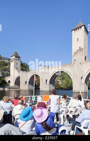 France Lot Cahors cruise on the Lot near the Valentre bridge fortified bridge dated 14th century listed as World Heritage by Stock Photo