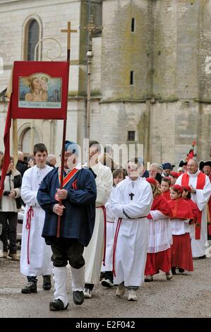 France, Haute Saone, Champlitte, Fete de la Saint Vincent, the procession leaving the church Stock Photo