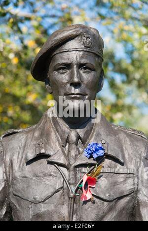 France, Calvados, Ranville, Memorial Pegasus, brigadier James Hill statue (aerial view) Stock Photo