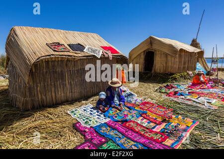 Peru, Puno Province, Lake Titicaca, the descendants of Uros Indians live on floating reed islands and live mainly from tourism Stock Photo