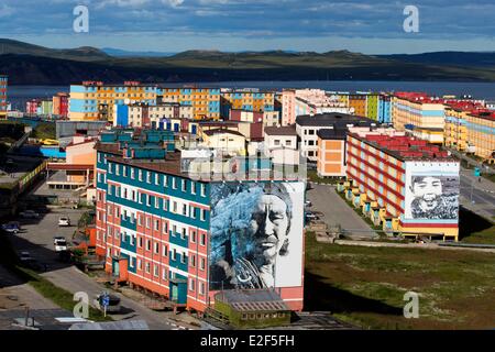 Russia Chukotka autonomous district Anadyr headtown of the district buildings painted or decorated with color pictures Eskimo Stock Photo