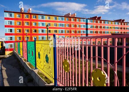 Russia, Chukotka autonomous district, Anadyr, headtown of the district, buildings painted or decorated with color pictures Stock Photo